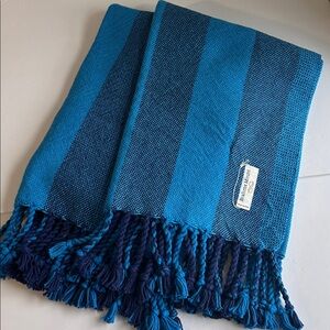 NWOT Brahms Mount Monhegan Cotton Throw in Two Toned Blue Striped Pattern